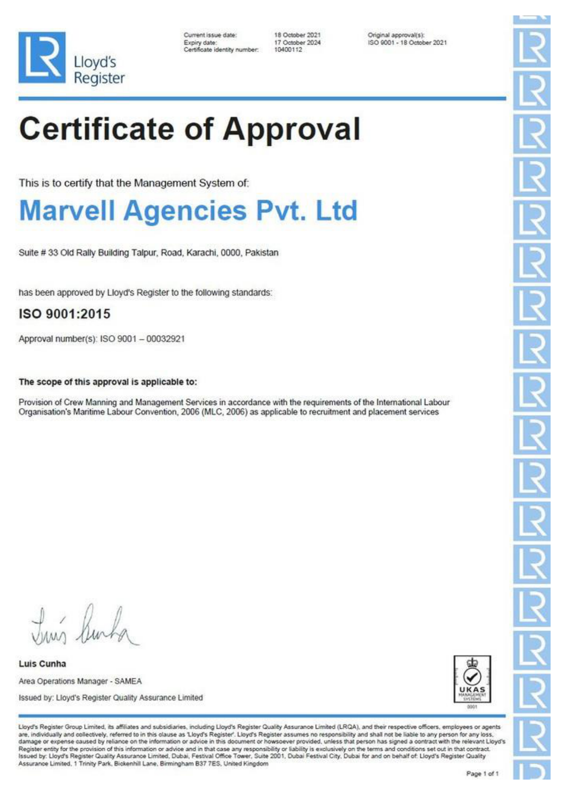 Lloyd's Register Certificate of Approval — Marvell Agencies (Pvt.) Ltd, ISO 9001:2015, approval no. ISO 9001 00032921, valid 2021 to 2024